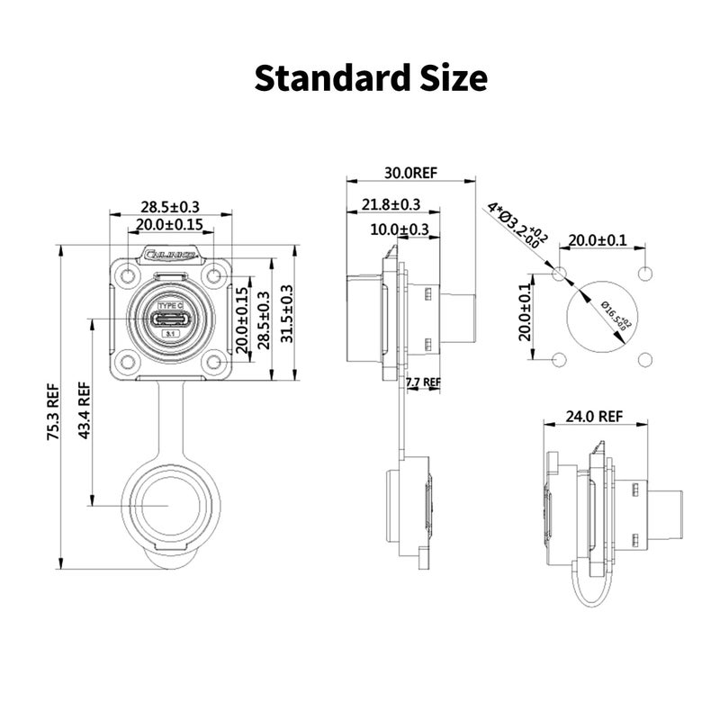 CNLINKO LP-16 Type-C Port Waterproof Connector IP67 4-Hole Metal Panel Mount Receptacles Socket with Sealing Cover - Image 3